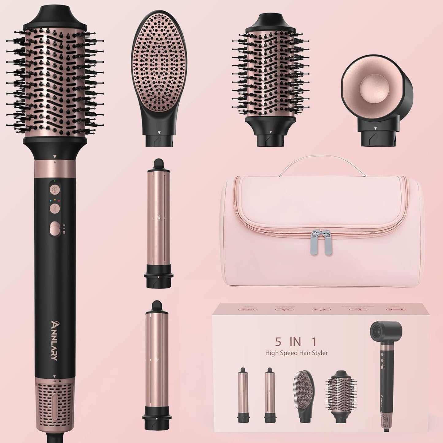 5-in-1 Ionic Hot Air Styler: 1400W Hair Dryer Brush with Auto-Wrap Curlers and Paddle Brush for Quick Drying and Volumizing, Includes Travel and Storage Bag Compatible with Dyson Airwrap