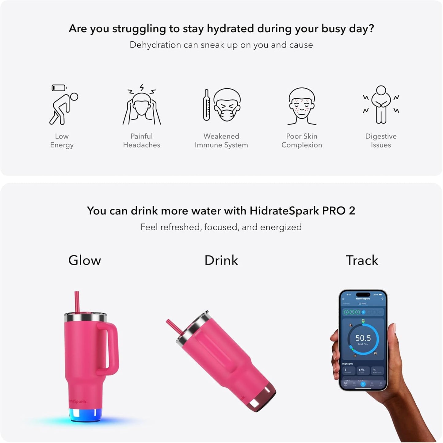Hidrate Spark PRO 2 Smart Tumbler - 30 oz Insulated Stainless Steel, Water Intake Tracker, Drink Reminder with Glow & Sound, Bluetooth App Sync, Straw Lid, BPA-Free, Flamingo (Compatible with Apple Find My)
