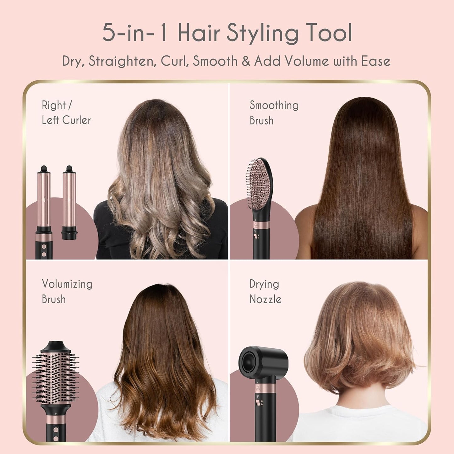 5-in-1 Ionic Hot Air Styler: 1400W Hair Dryer Brush with Auto-Wrap Curlers and Paddle Brush for Quick Drying and Volumizing, Includes Travel and Storage Bag Compatible with Dyson Airwrap