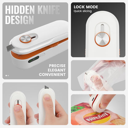 Rechargeable 2-in-1 Mini Bag Sealer and Cutter, Adjustable Heat Settings for Lightweight to Heavy Bags, Portable Snack Sealer