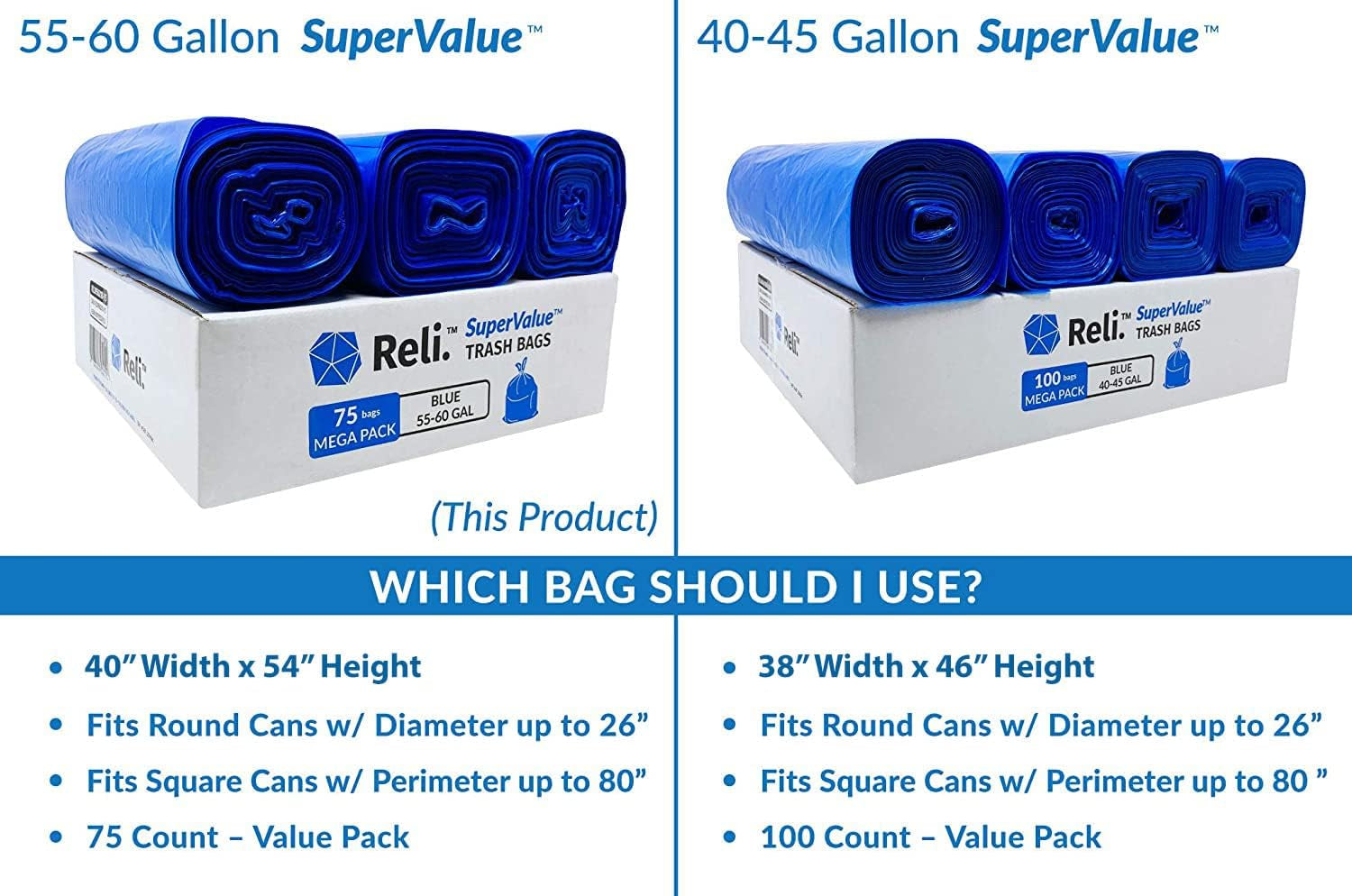 Reliable Super Value 55-60 Gallon Recycling Bags | 75 Count | Blue | Made in the USA