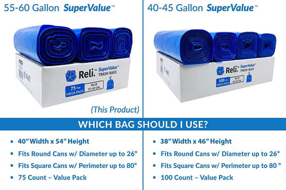 Reliable Super Value 55-60 Gallon Recycling Bags | 75 Count | Blue | Made in the USA