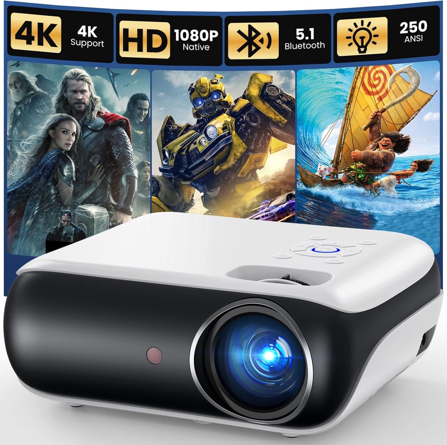 HAPPRUN Native 1080P Bluetooth Mini Projector - Full HD Portable Outdoor Movie Projector with Integrated Speaker, Compatible with Smartphones, HDMI, USB, AV, Fire Stick, and PS5 for Home and Outdoor Applications