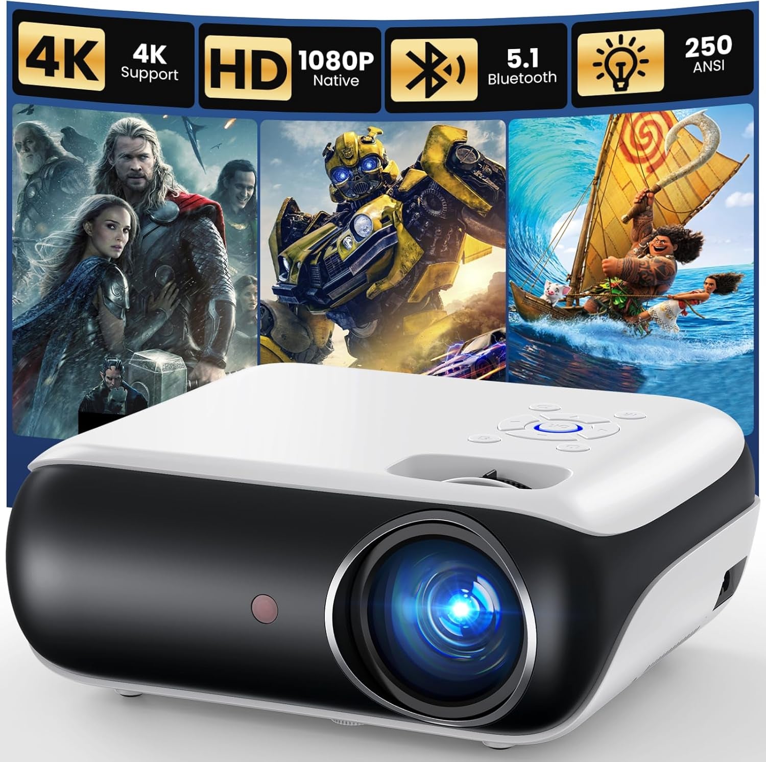 HAPPRUN Native 1080P Bluetooth Mini Projector - Full HD Portable Outdoor Movie Projector with Integrated Speaker, Compatible with Smartphones, HDMI, USB, AV, Fire Stick, and PS5 for Home and Outdoor Applications