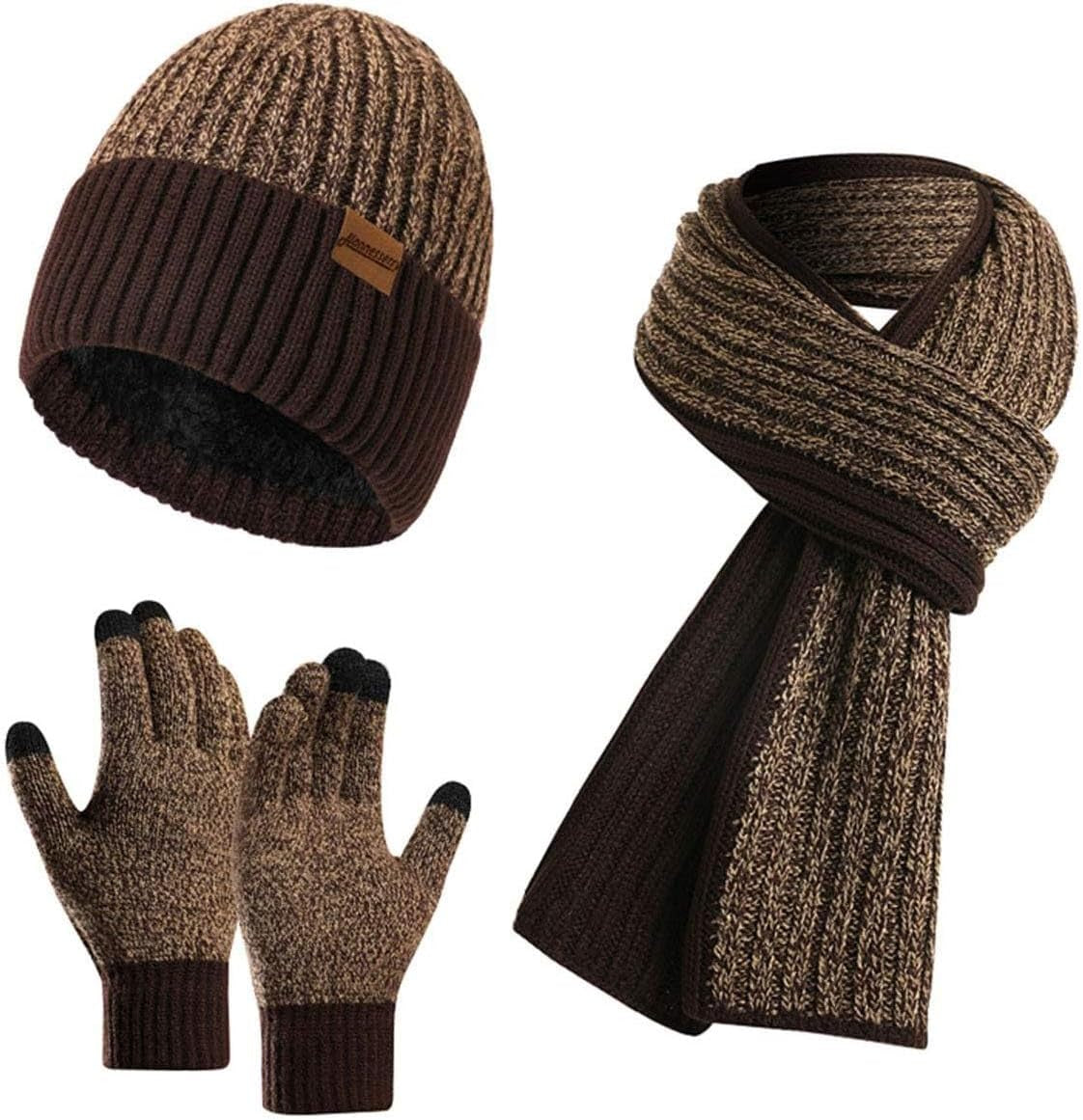 Winter Beanie Hats for Men Long Neck Scarf and Touchscreen Gloves Set with Fleece Lined Skull Caps Gifts for Men