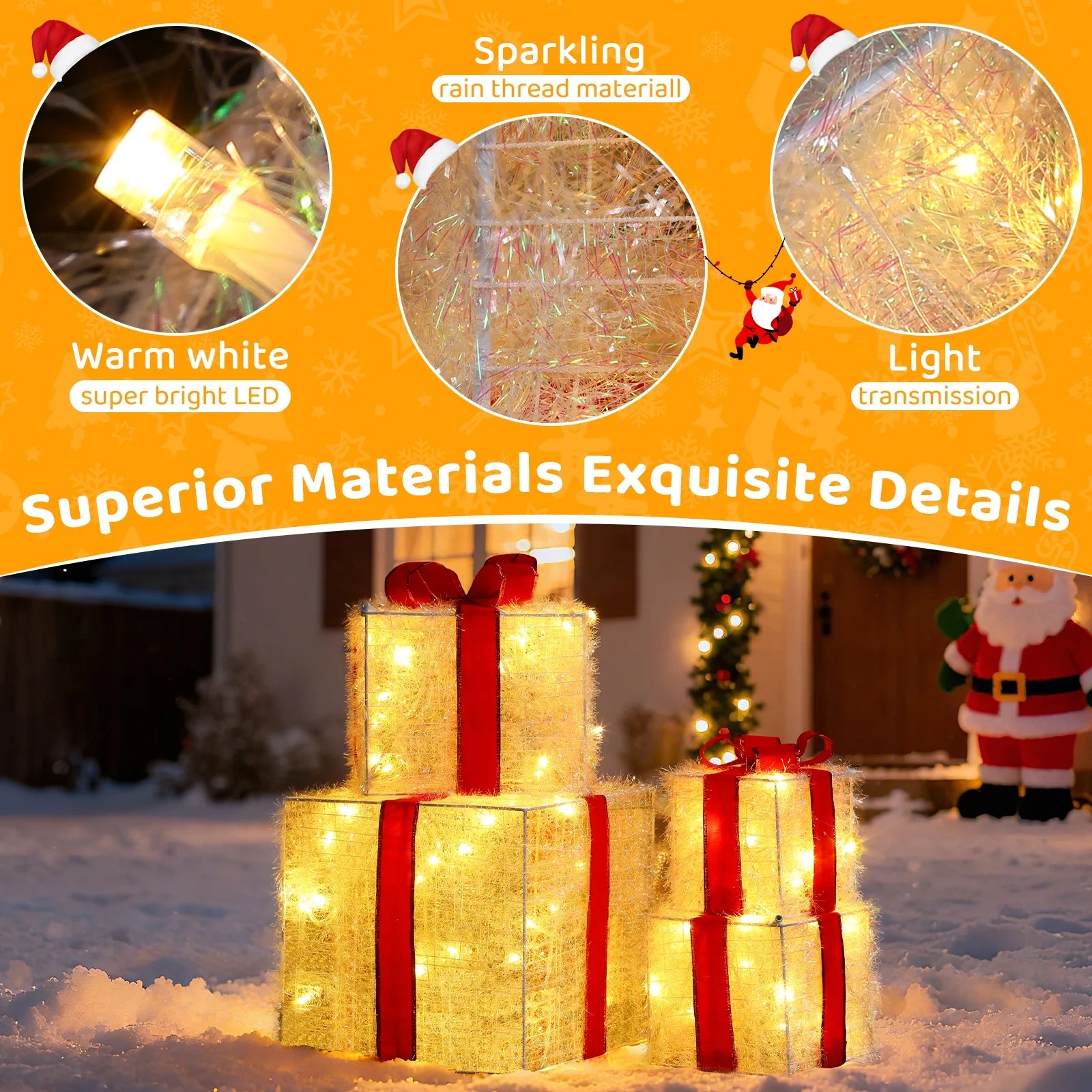 Set of 4 Christmas Lighted Gift Boxes, 70 LED Stackable Light up Present Boxes for Christmas Decorations Indoor Outdoor Yard Lawn Porch Home Decor