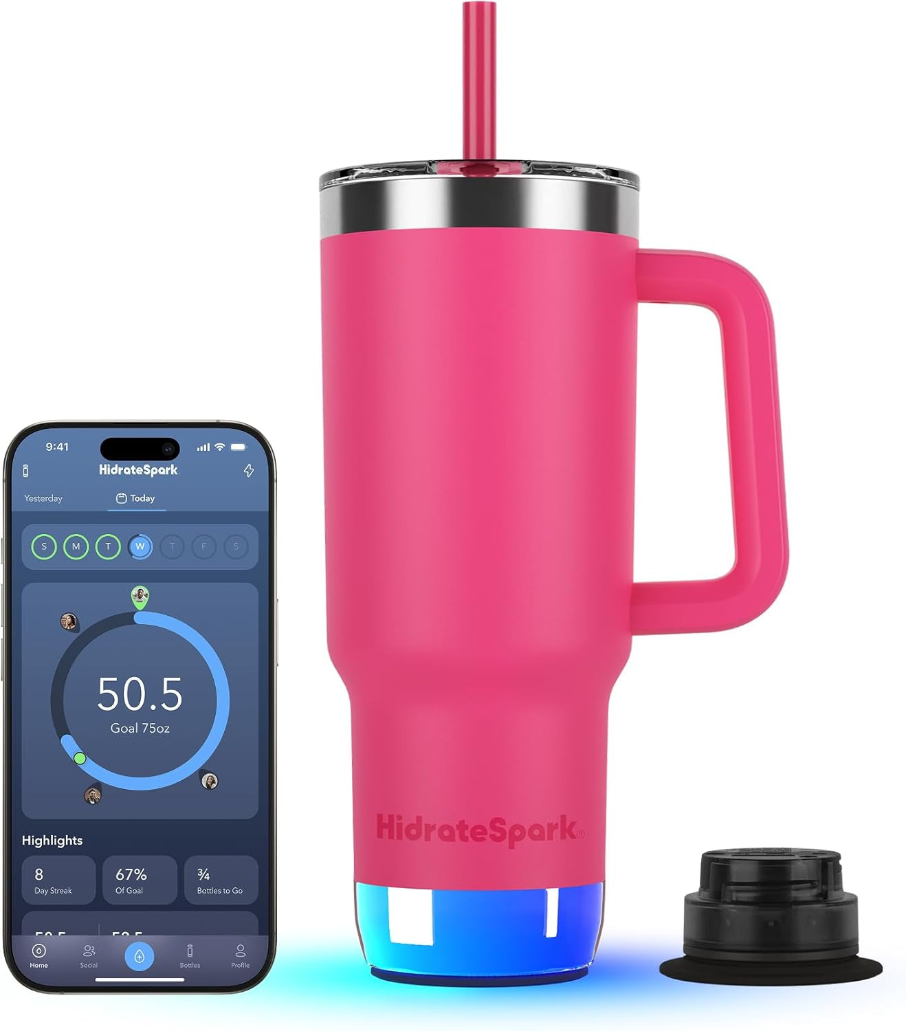 Hidrate Spark PRO 2 Smart Tumbler - 30 oz Insulated Stainless Steel, Water Intake Tracker, Drink Reminder with Glow & Sound, Bluetooth App Sync, Straw Lid, BPA-Free, Flamingo (Compatible with Apple Find My)