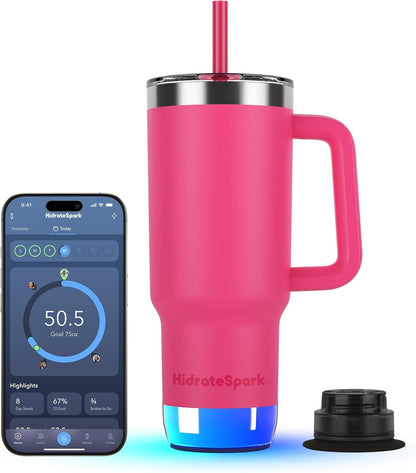 Hidrate Spark PRO 2 Smart Tumbler - 30 oz Insulated Stainless Steel, Water Intake Tracker, Drink Reminder with Glow & Sound, Bluetooth App Sync, Straw Lid, BPA-Free, Flamingo (Compatible with Apple Find My)
