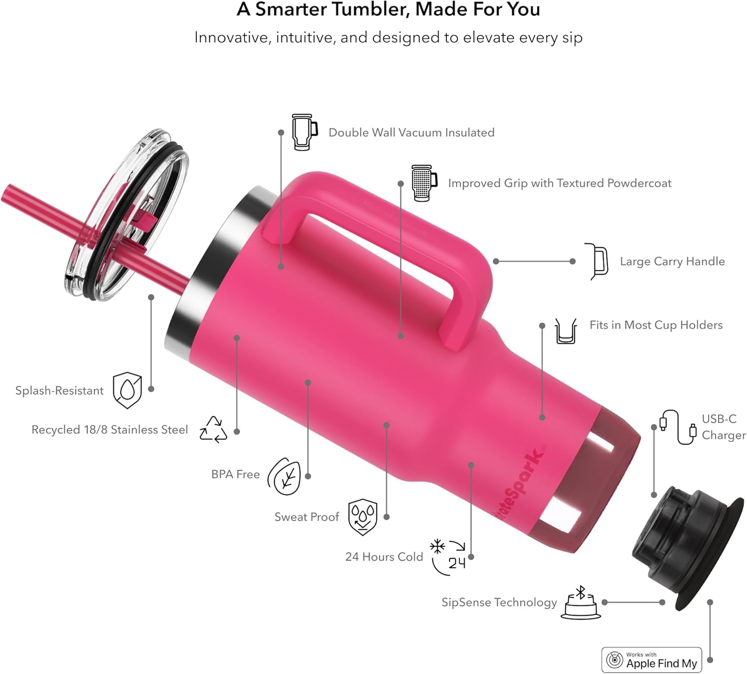 Hidrate Spark PRO 2 Smart Tumbler - 30 oz Insulated Stainless Steel, Water Intake Tracker, Drink Reminder with Glow & Sound, Bluetooth App Sync, Straw Lid, BPA-Free, Flamingo (Compatible with Apple Find My)