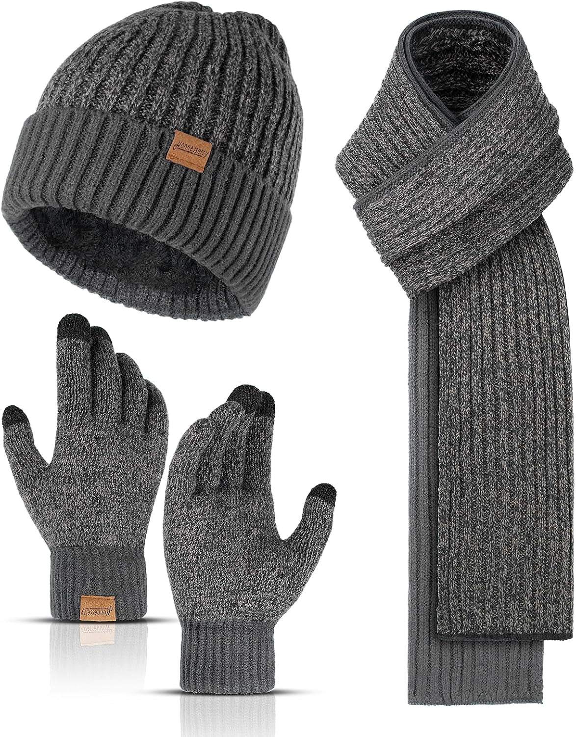 Winter Beanie Hats for Men Long Neck Scarf and Touchscreen Gloves Set with Fleece Lined Skull Caps Gifts for Men