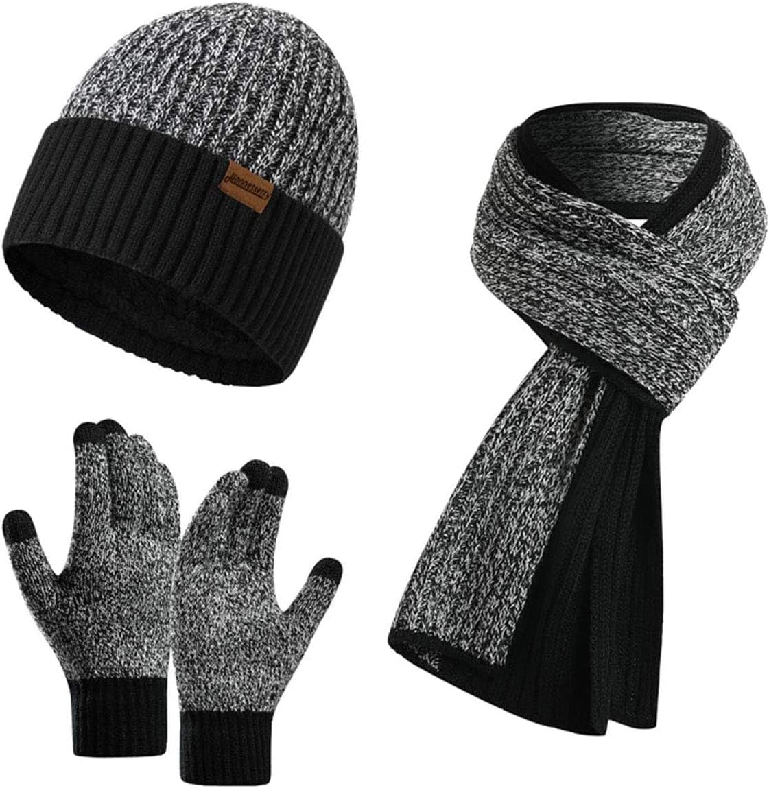 Winter Beanie Hats for Men Long Neck Scarf and Touchscreen Gloves Set with Fleece Lined Skull Caps Gifts for Men