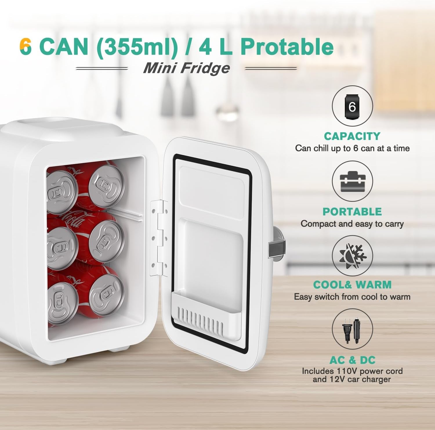 CROWNFUL Mini Fridge, 4 Liter/6 Can Portable Cooler and Warmer Personal Refrigerator for Skin Care, Cosmetics, Beverage, Food,Great for Bedroom, Office, Car, Dorm, ETL Listed (White)