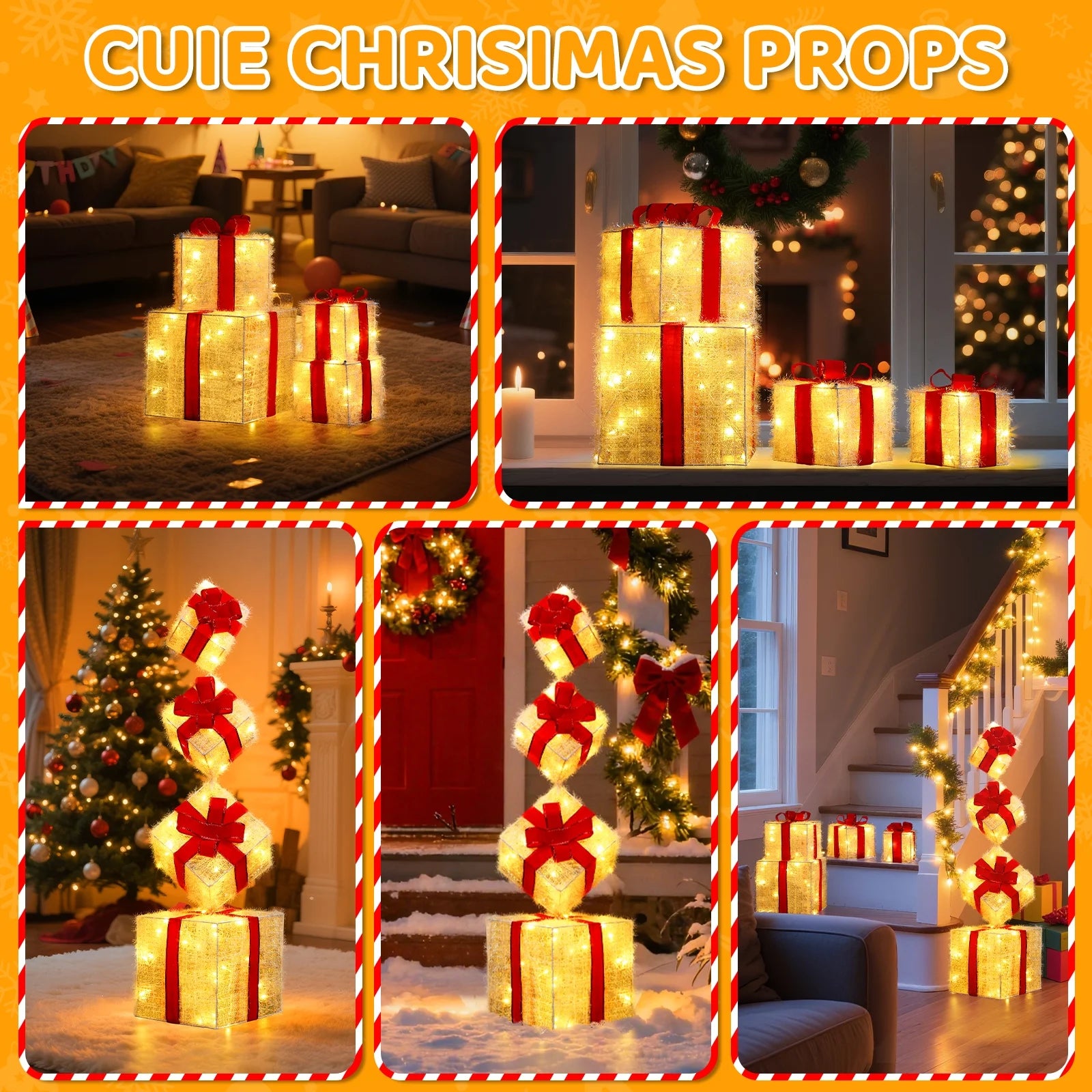 Set of 4 Christmas Lighted Gift Boxes, 70 LED Stackable Light up Present Boxes for Christmas Decorations Indoor Outdoor Yard Lawn Porch Home Decor