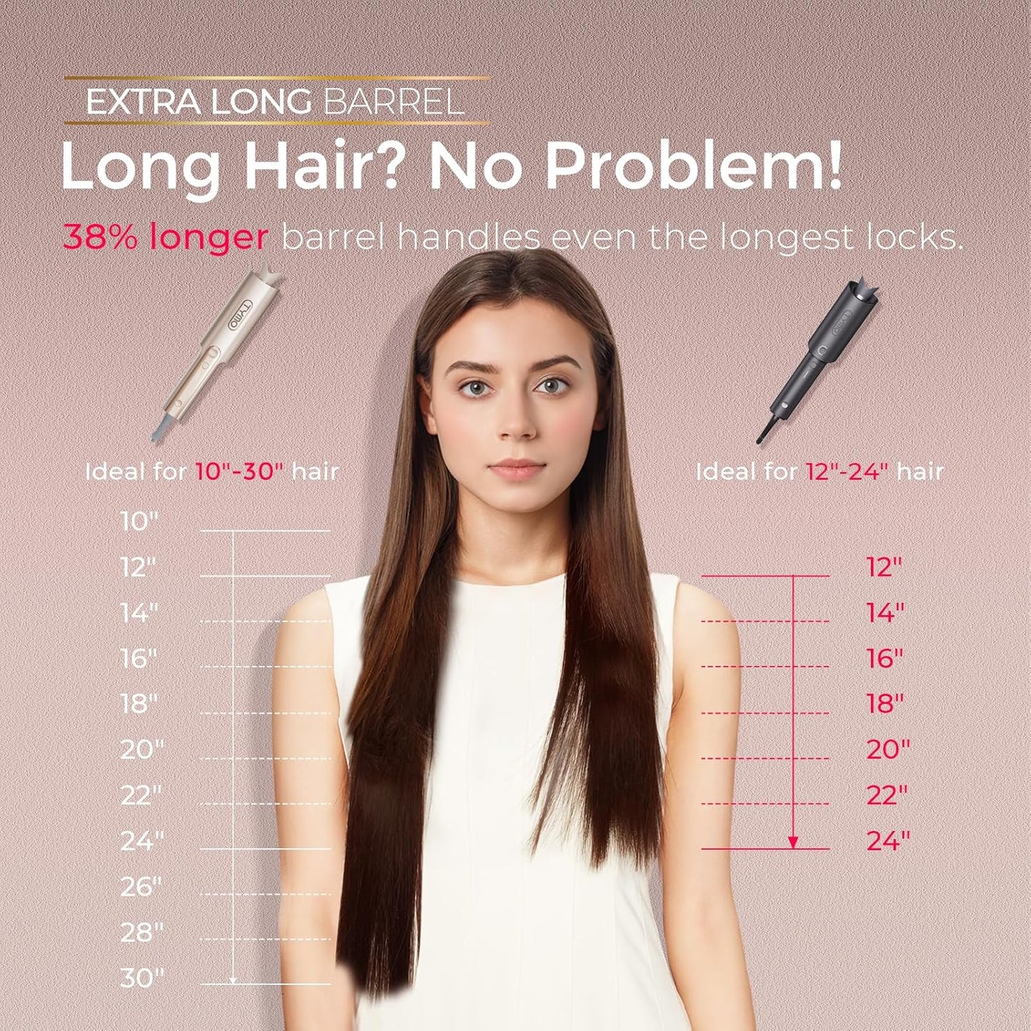 TYMO CurlPro Plus Long Barrel Automatic Rotating Curling Iron - 1 Inch Ceramic Hair Curler for Long Hair, Anti-Scald, Tangle-Free, 600M Ionic, Dual Voltage, Gold