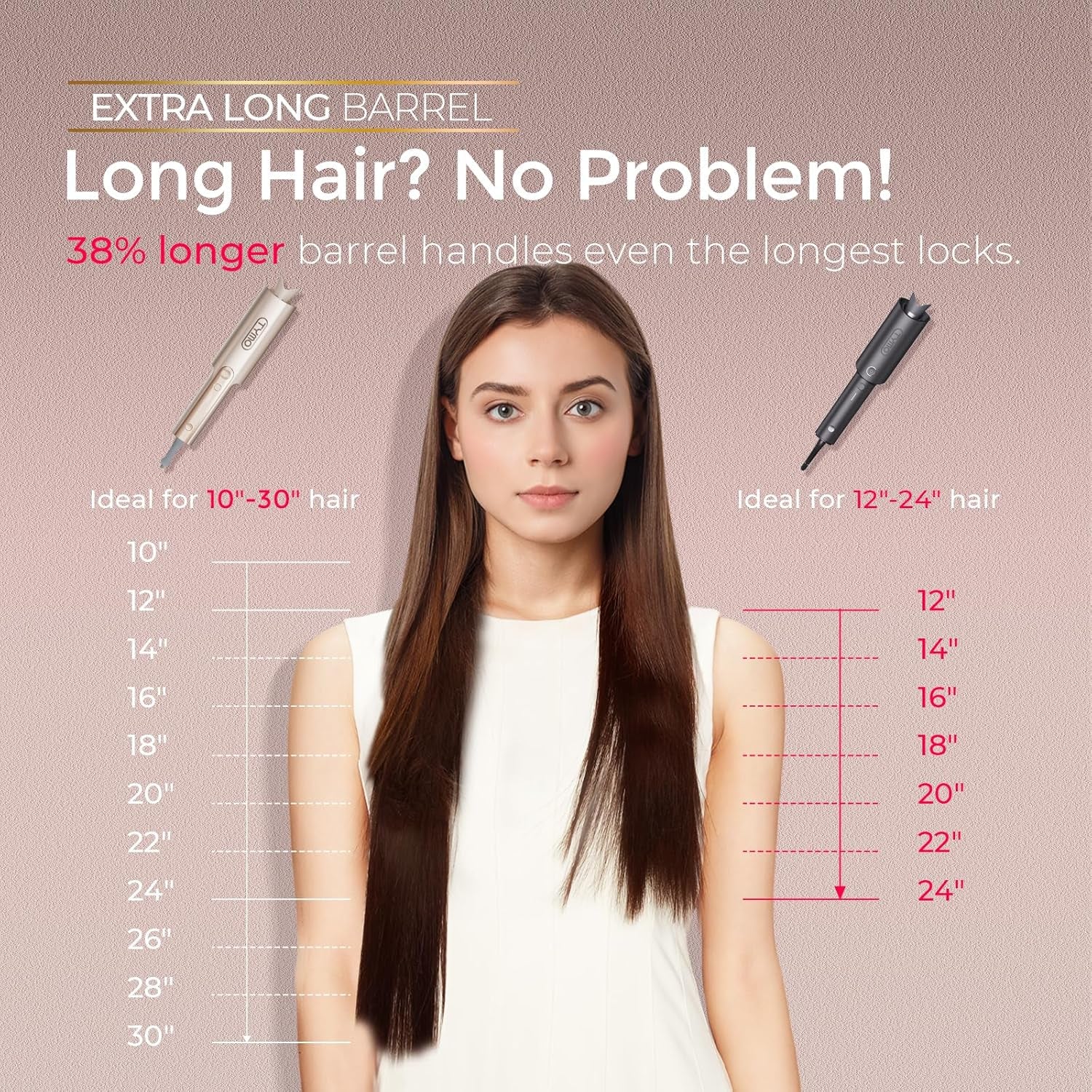 TYMO CurlPro Plus Long Barrel Automatic Rotating Curling Iron - 1 Inch Ceramic Hair Curler for Long Hair, Anti-Scald, Tangle-Free, 600M Ionic, Dual Voltage, Gold