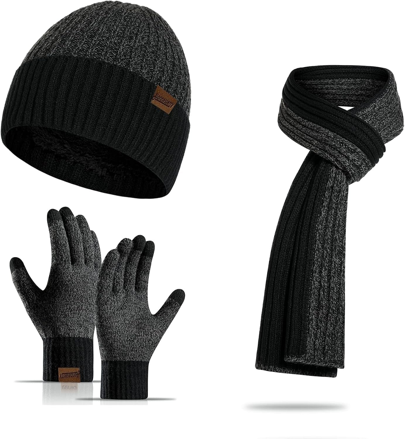 Winter Beanie Hats for Men Long Neck Scarf and Touchscreen Gloves Set with Fleece Lined Skull Caps Gifts for Men