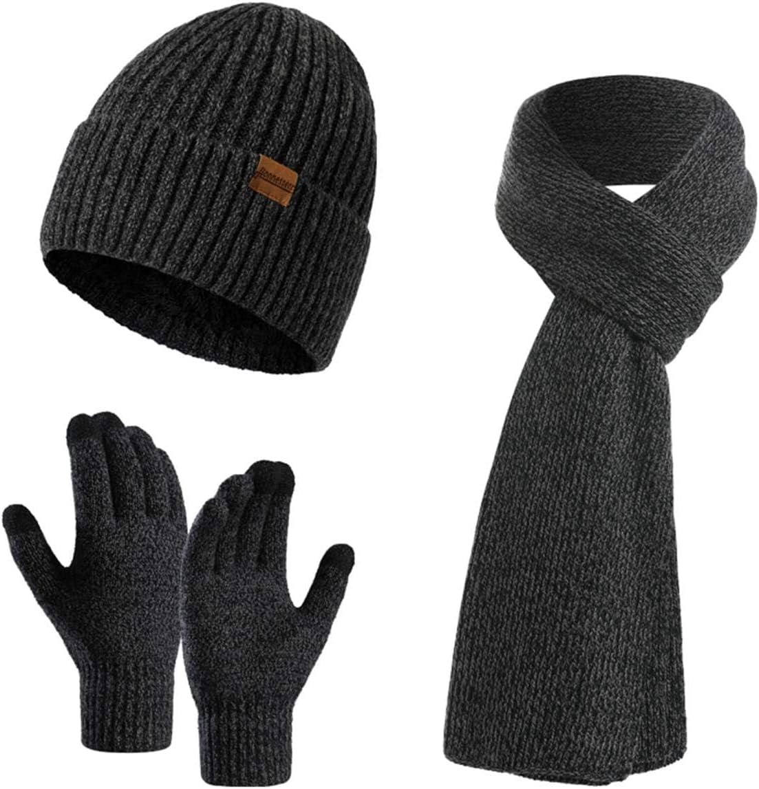 Winter Beanie Hats for Men Long Neck Scarf and Touchscreen Gloves Set with Fleece Lined Skull Caps Gifts for Men