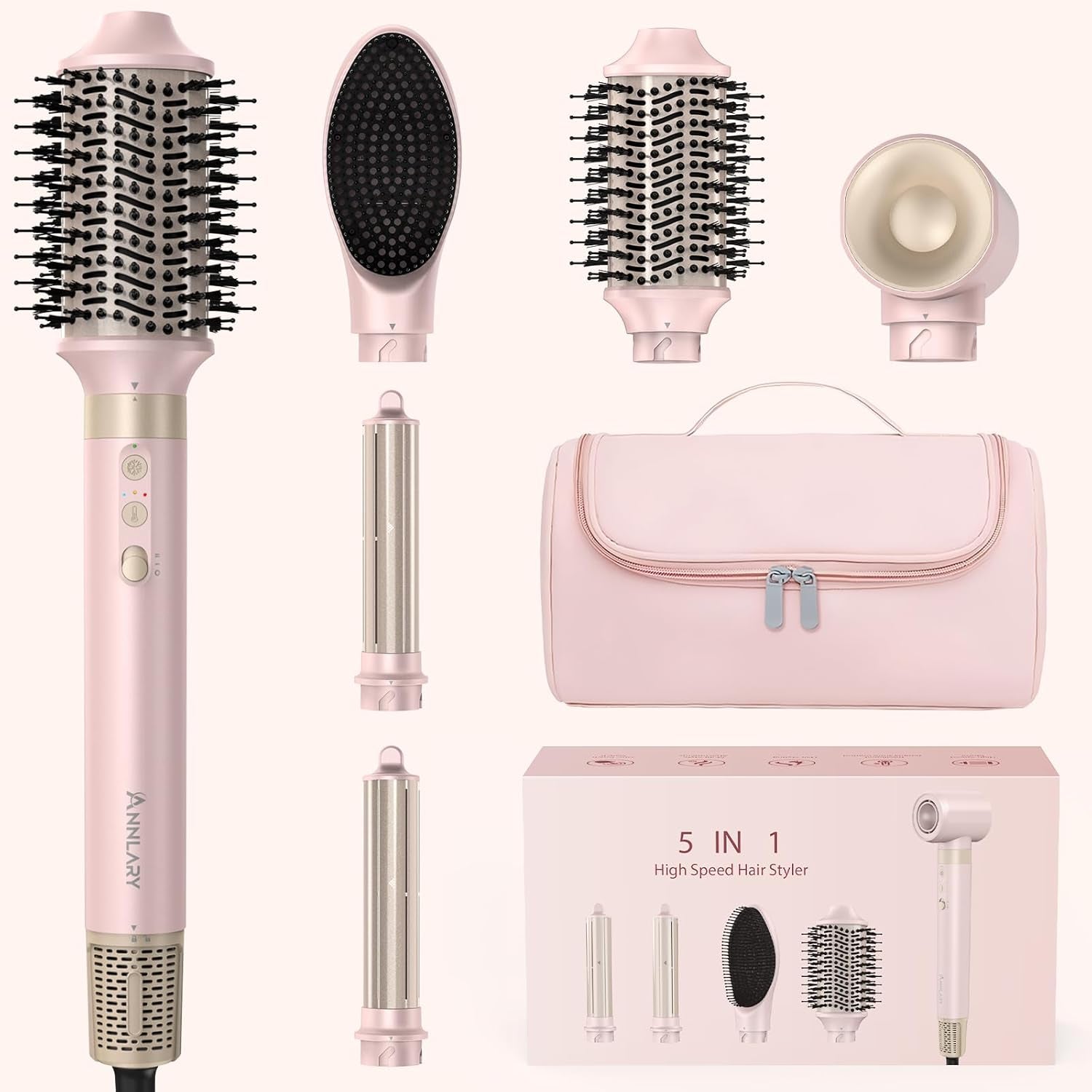 5-in-1 Ionic Hot Air Styler: 1400W Hair Dryer Brush with Auto-Wrap Curlers and Paddle Brush for Quick Drying and Volumizing, Includes Travel and Storage Bag Compatible with Dyson Airwrap