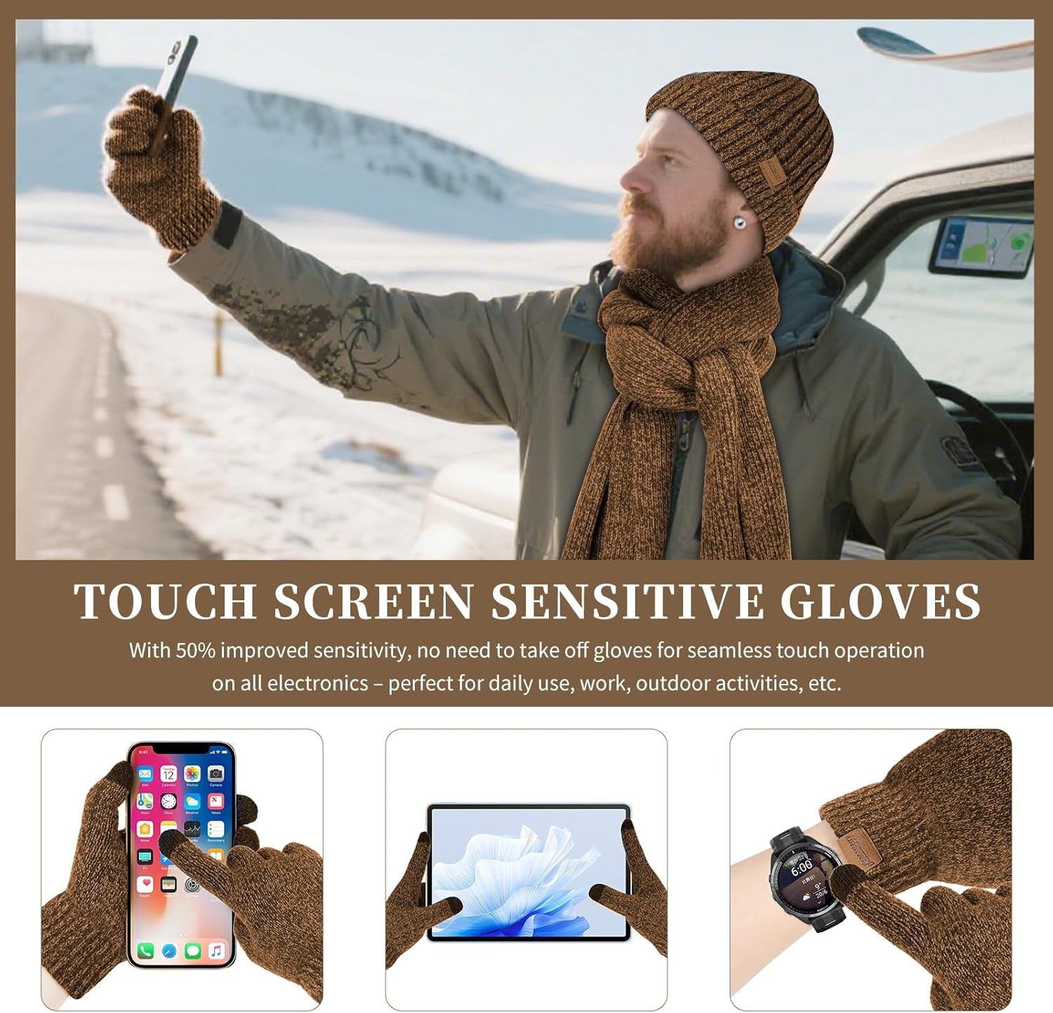 Winter Beanie Hats for Men Long Neck Scarf and Touchscreen Gloves Set with Fleece Lined Skull Caps Gifts for Men