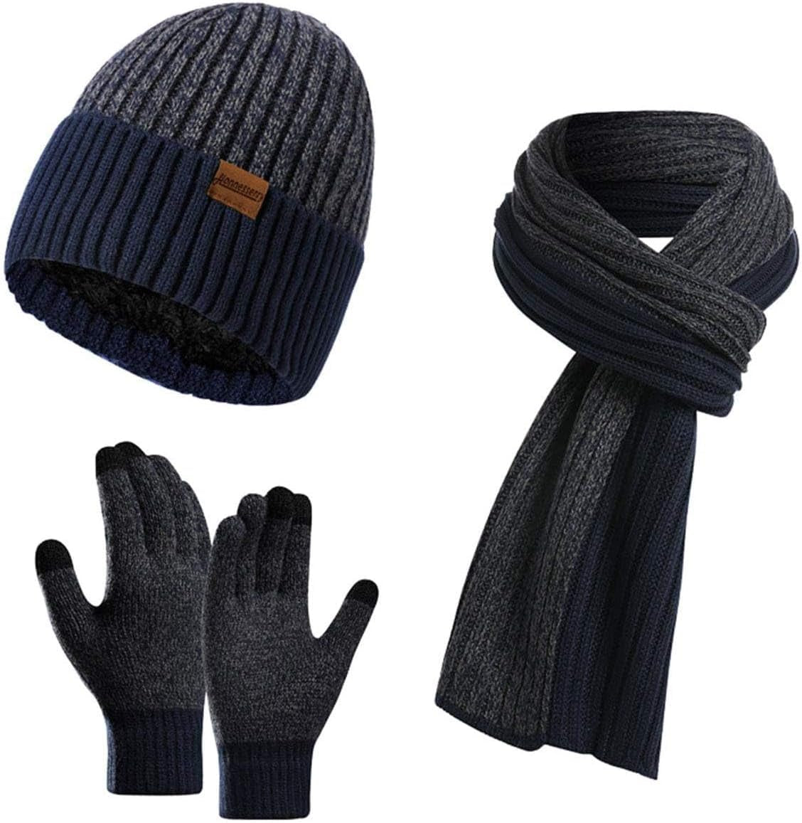 Winter Beanie Hats for Men Long Neck Scarf and Touchscreen Gloves Set with Fleece Lined Skull Caps Gifts for Men