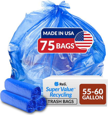 Reliable Super Value 55-60 Gallon Recycling Bags | 75 Count | Blue | Made in the USA