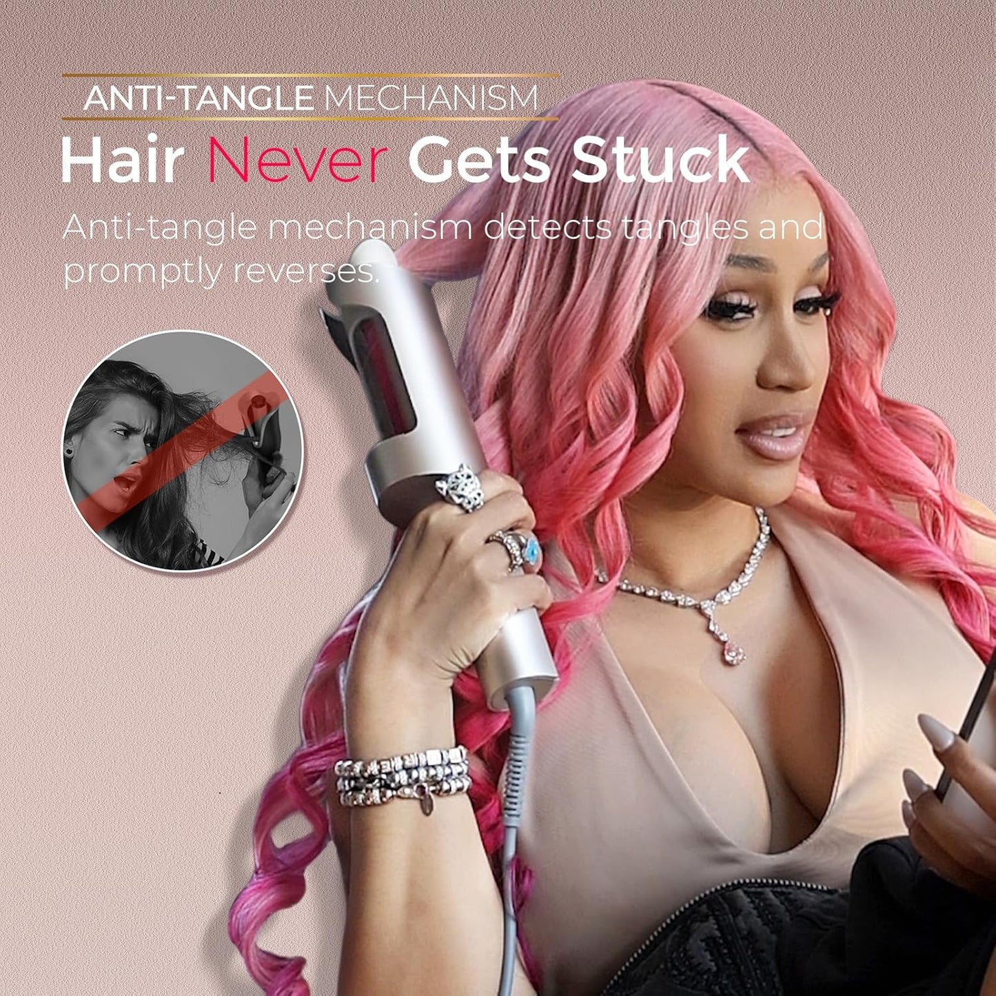 TYMO CurlPro Plus Long Barrel Automatic Rotating Curling Iron - 1 Inch Ceramic Hair Curler for Long Hair, Anti-Scald, Tangle-Free, 600M Ionic, Dual Voltage, Gold