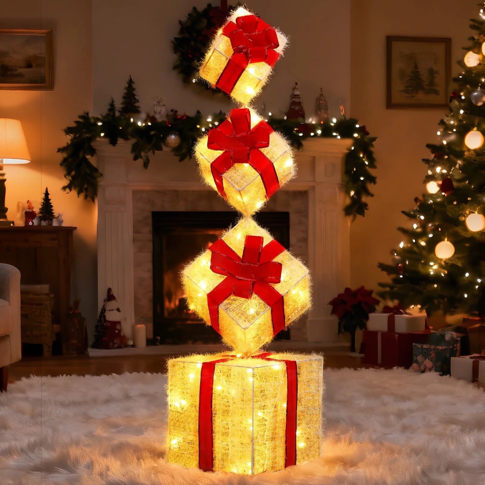 Set of 4 Christmas Lighted Gift Boxes, 70 LED Stackable Light up Present Boxes for Christmas Decorations Indoor Outdoor Yard Lawn Porch Home Decor